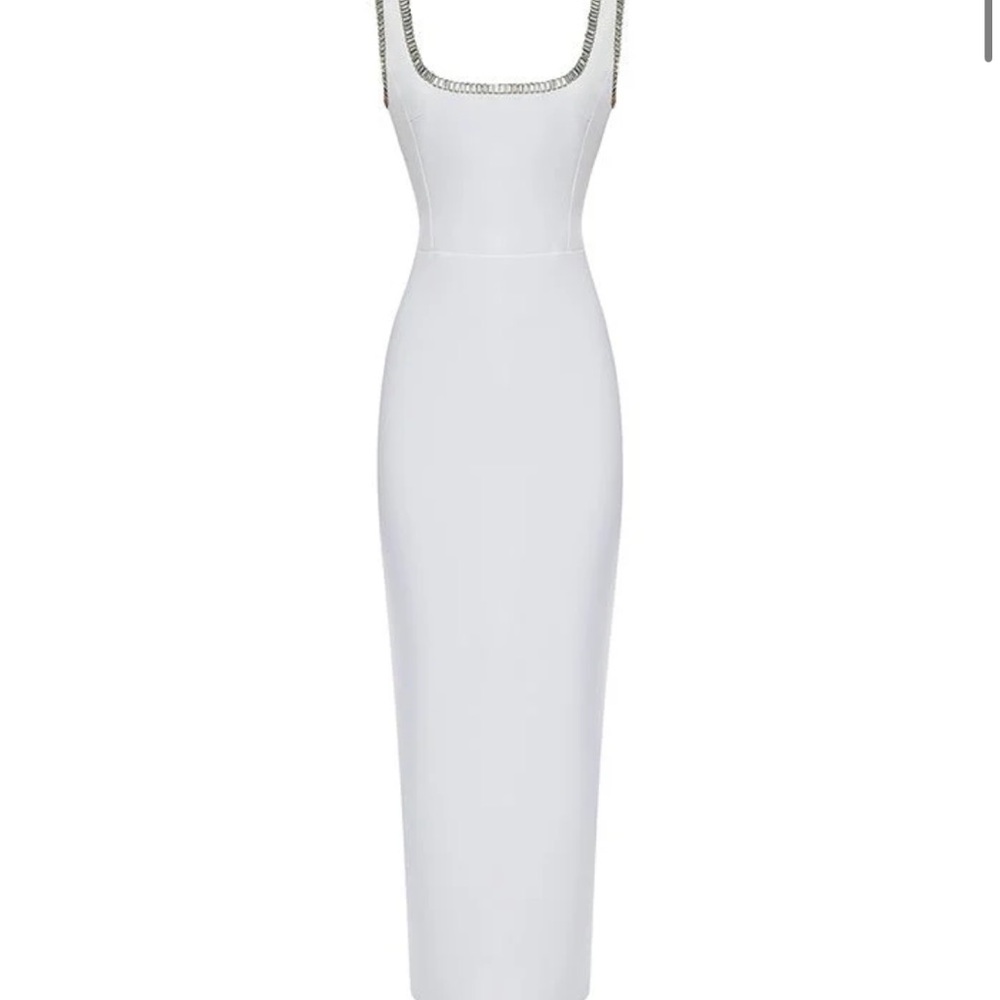 Rasario ($2500) CRYSTAL EMBELLISHED CREPE LONG MIDI DRESS WITH A SIDE SLIT